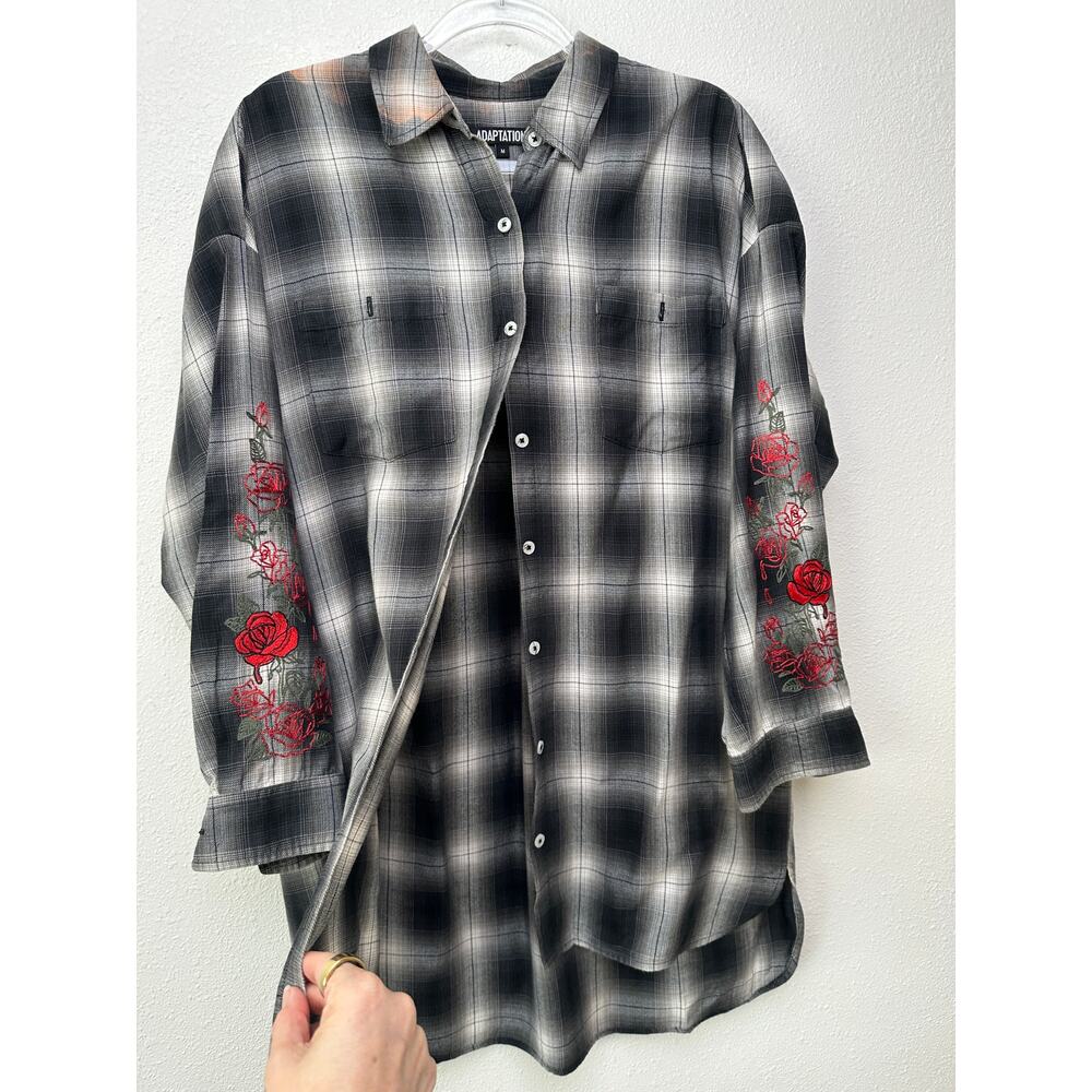 Adaptation Rose Embroidered Plaid Longline Shirt Dress Black White M - Picture 5 of 16